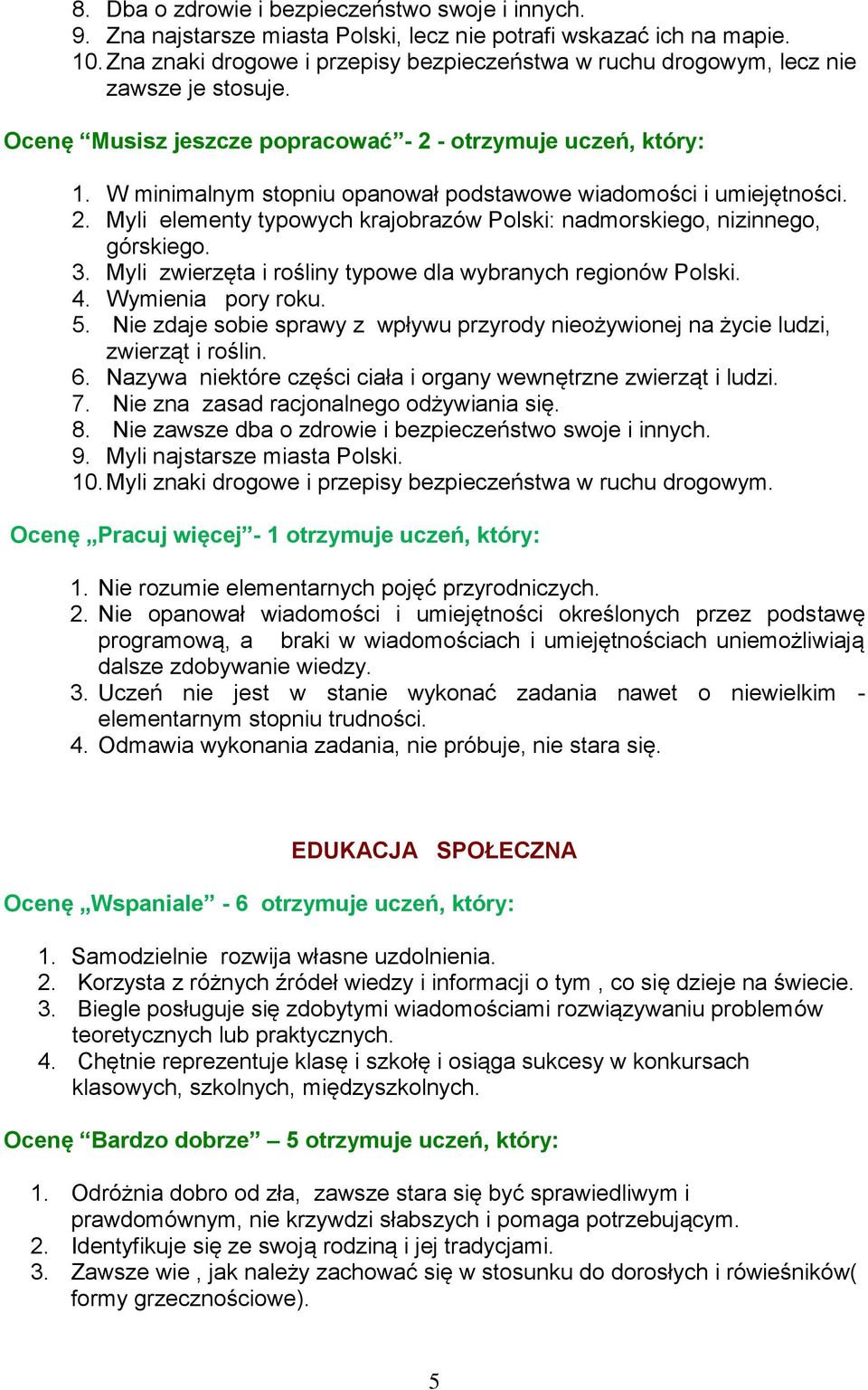 W minimalnym stopniu opanował podstawowe wiadomości i umiejętności. 2. Myli elementy typowych krajobrazów Polski: nadmorskiego, nizinnego, górskiego. 3.