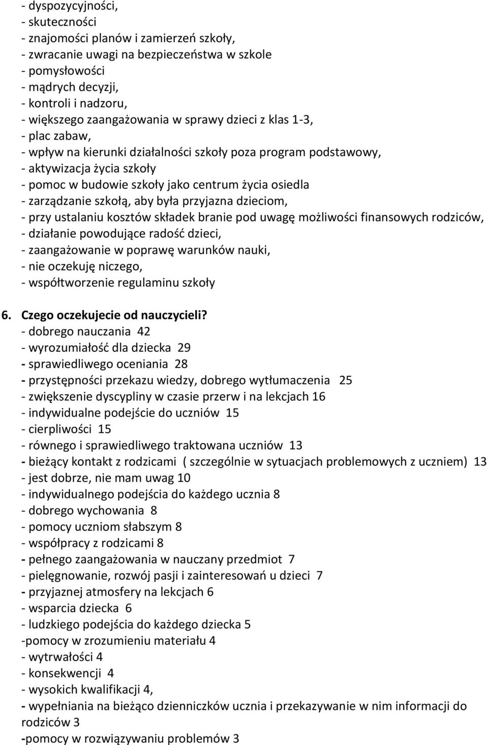 - zarządzanie szkołą, aby była przyjazna dzieciom, - przy ustalaniu kosztów składek branie pod uwagę możliwości finansowych rodziców, - działanie powodujące radość dzieci, - zaangażowanie w poprawę