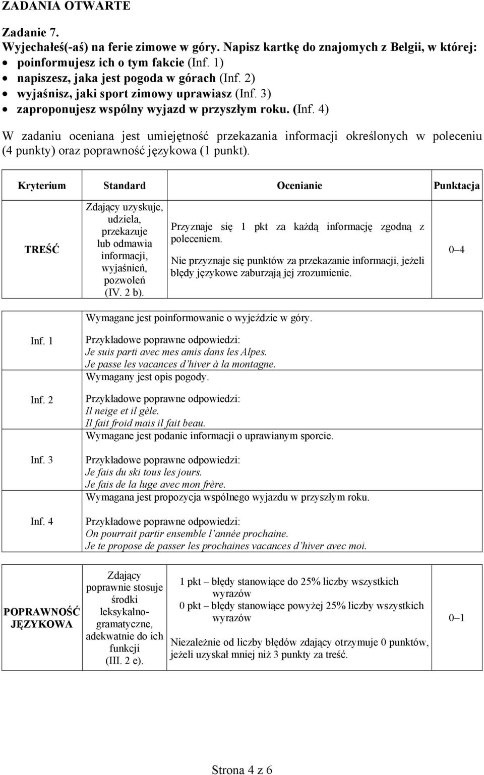 Kryterium Ocenianie Punktacja TREŚĆ Zdający uzyskuje, udziela, przekazuje lub odmawia informacji, wyjaśnień, pozwoleń (IV. 2 b). Przyznaje się 1 pkt za każdą informację zgodną z poleceniem.