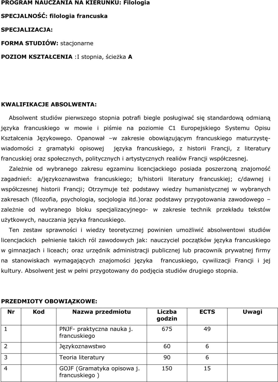 Opanował w zakresie obowiązującym francuskiego maturzystęwiadomości z gramatyki opisowej języka francuskiego, z historii Francji, z literatury francuskiej oraz społecznych, politycznych i