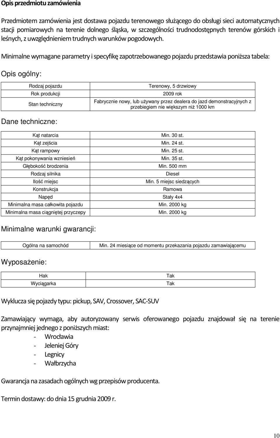 Minimalne wymagane parametry i specyfikę zapotrzebowanego pojazdu przedstawia poniższa tabela: Opis ogólny: Rodzaj pojazdu Rok produkcji Stan techniczny Terenowy, 5 drzwiowy 2009 rok Fabrycznie nowy,