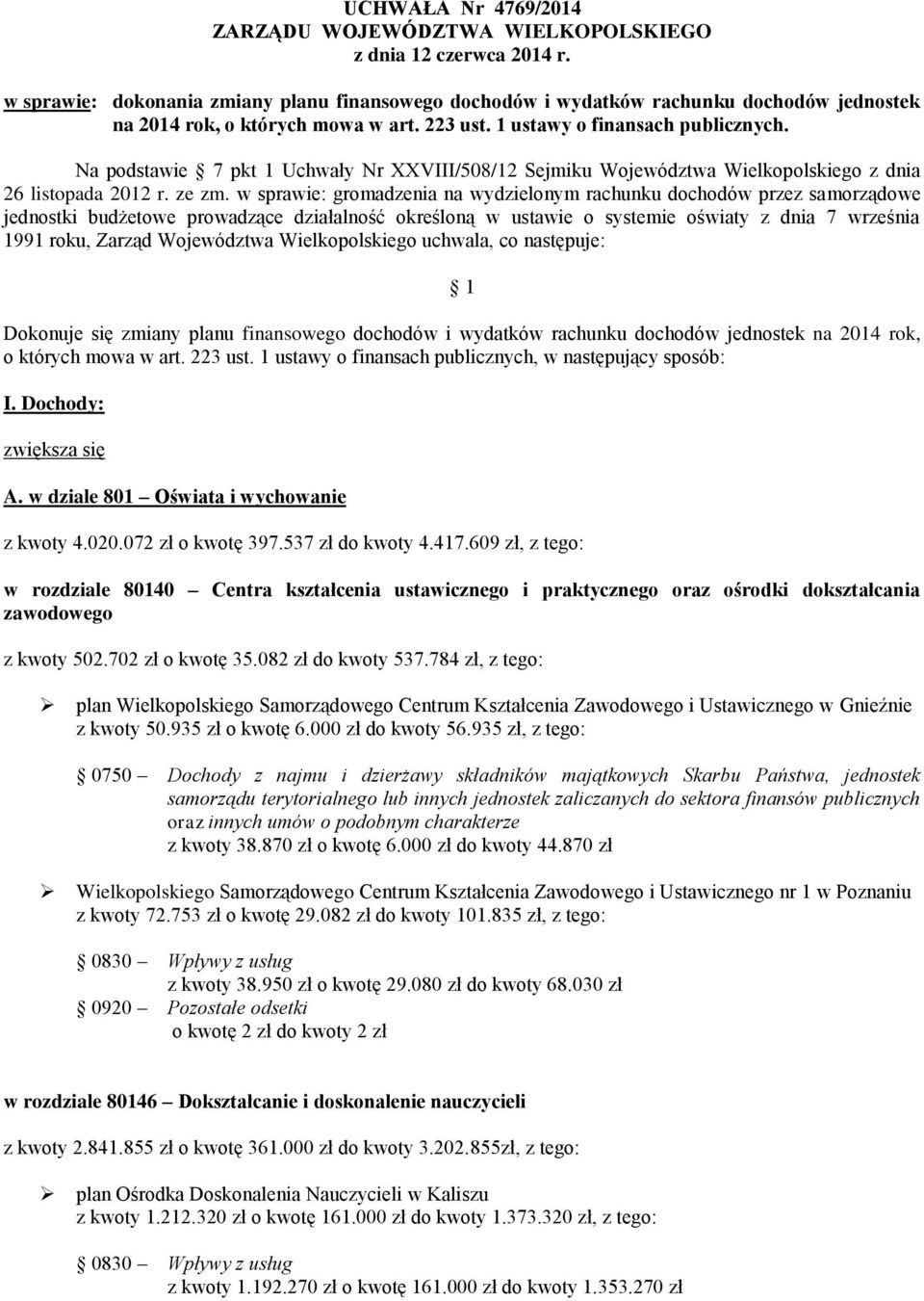Na podstawie 7 pkt 1 Uchwały Nr XXVIII/508/12 Sejmiku Województwa Wielkopolskiego z dnia 26 listopada 2012 r. ze zm.