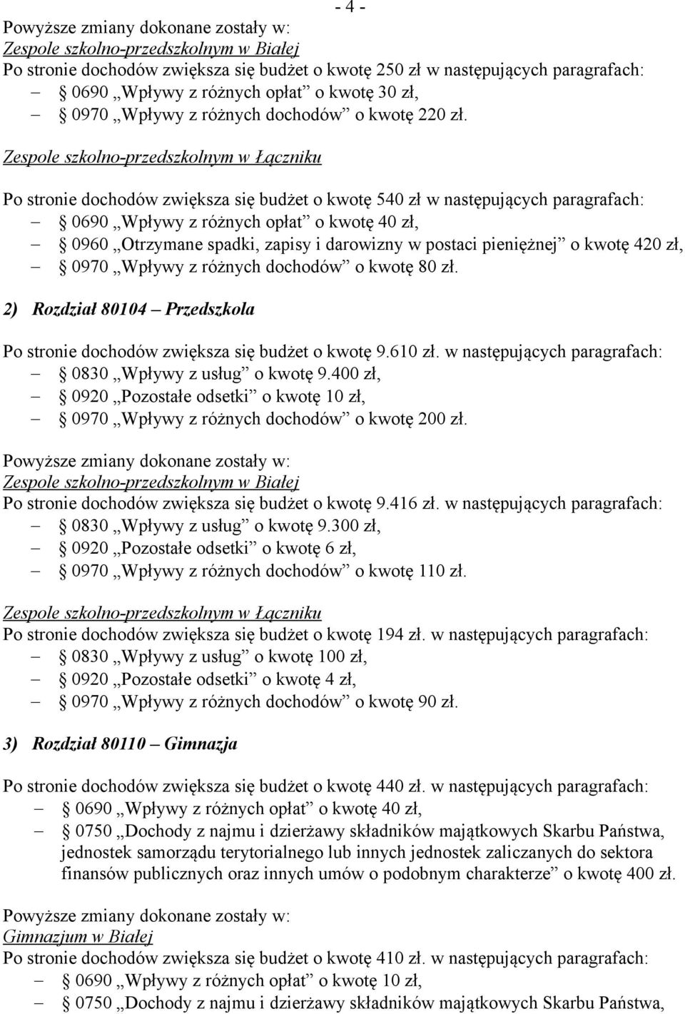 Po stronie dochodów zwiększa się budżet o kwotę 540 zł w następujących paragrafach: 0690 Wpływy z różnych opłat o kwotę 40 zł, 0960 Otrzymane spadki, zapisy i darowizny w postaci pieniężnej o kwotę