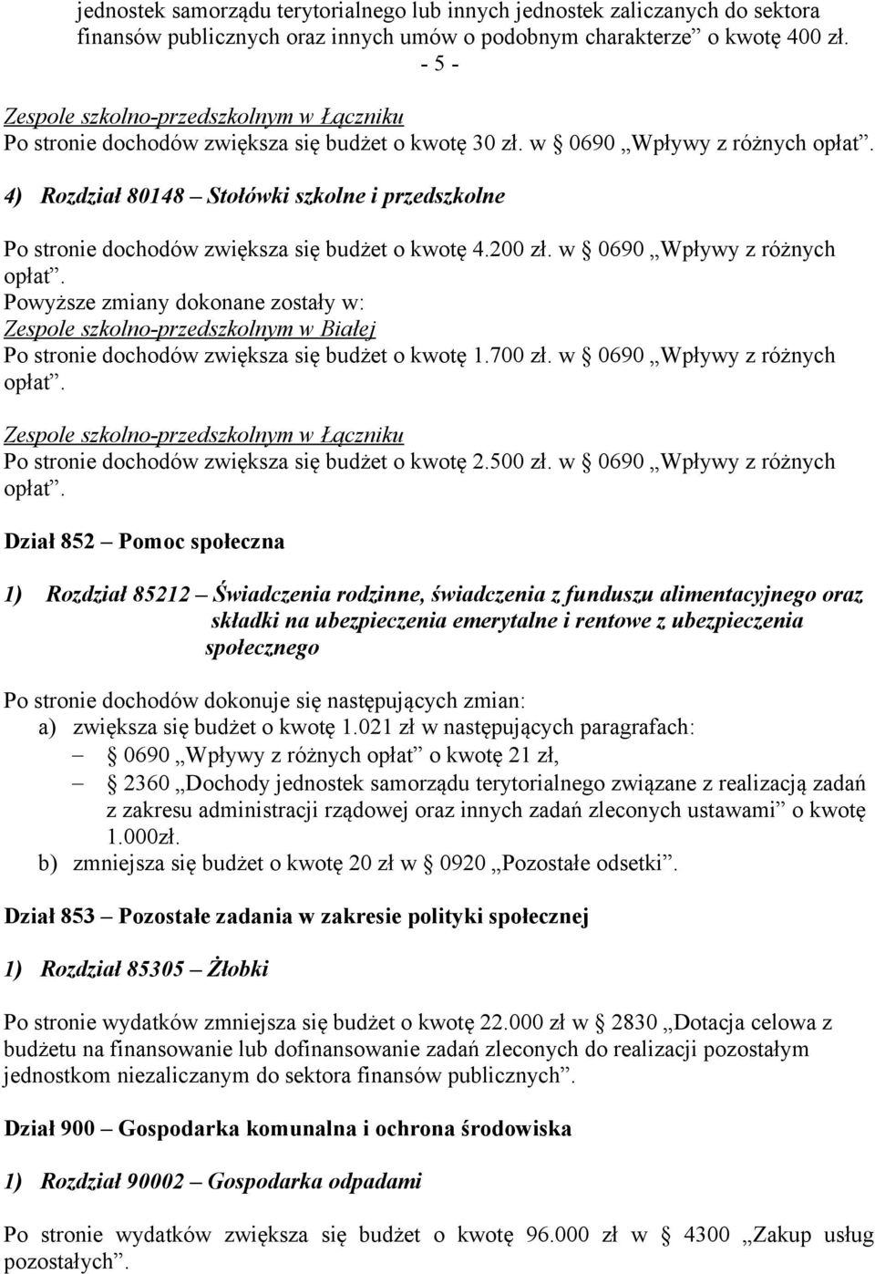 w 0690 Wpływy z różnych opłat. Zespole szkolno-przedszkolnym w Białej Po stronie dochodów zwiększa się budżet o kwotę 1.700 zł. w 0690 Wpływy z różnych opłat.