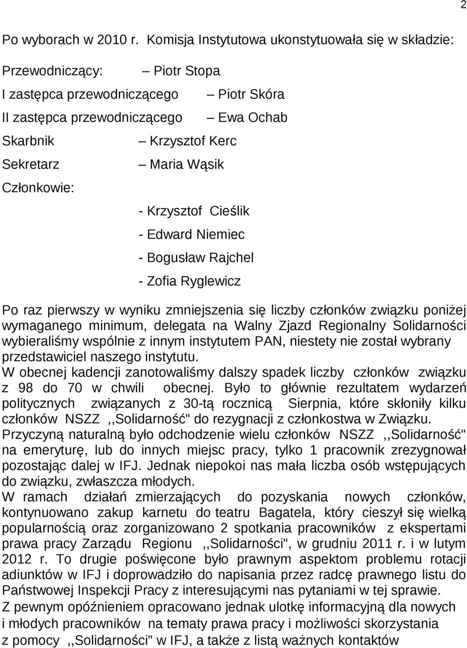 Skóra Ewa Ochab - Krzysztof Cieślik - Edward Niemiec - Bogusław Rajchel - Zofia Ryglewicz Po raz pierwszy w wyniku zmniejszenia się liczby członków związku poniżej wymaganego minimum, delegata na