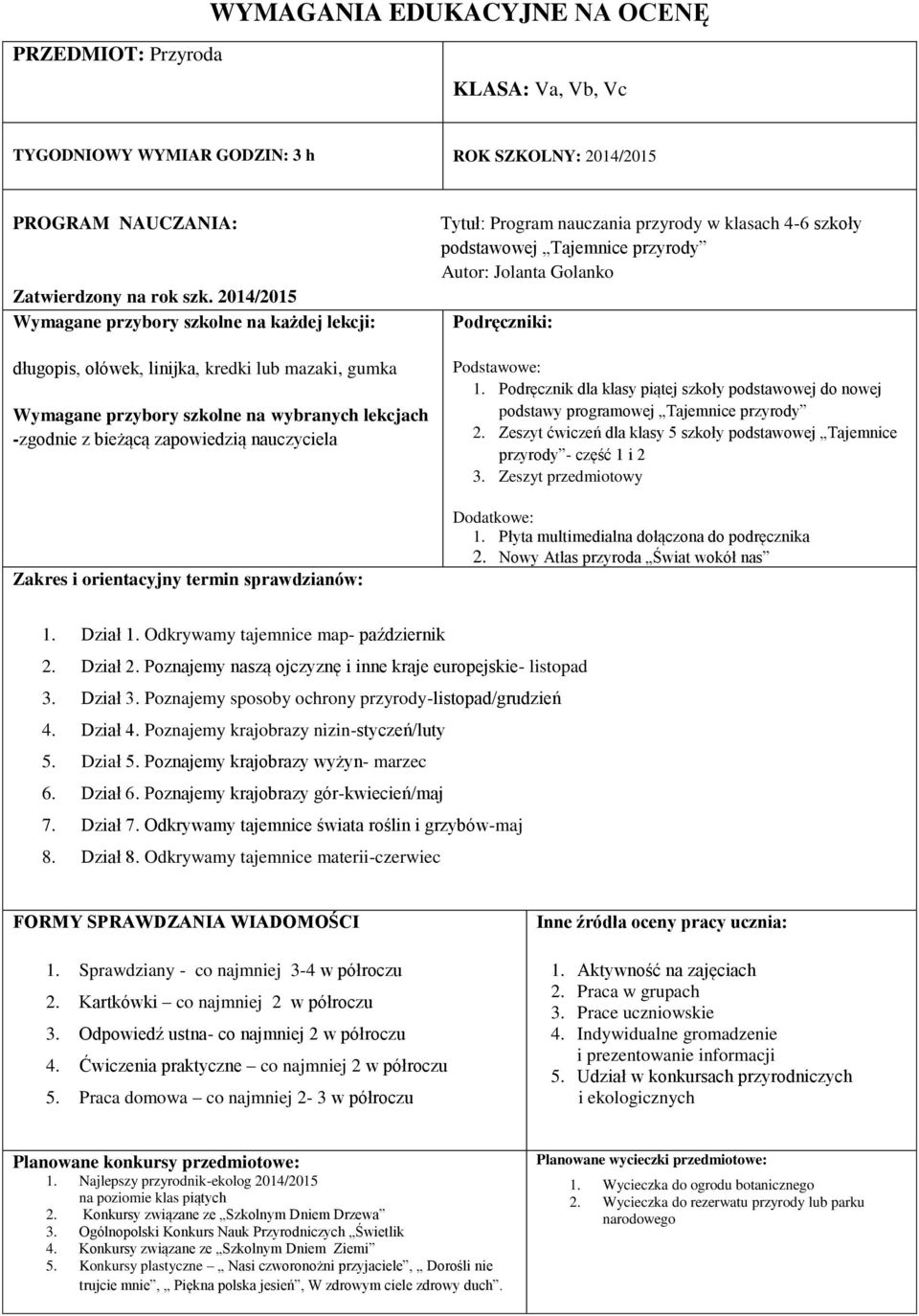 Zakres i orientacyjny termin sprawdzianów: Tytuł: Program nauczania przyrody w klasach 4-6 szkoły podstawowej Tajemnice przyrody Autor: Jolanta Golanko Podręczniki: Podstawowe: 1.