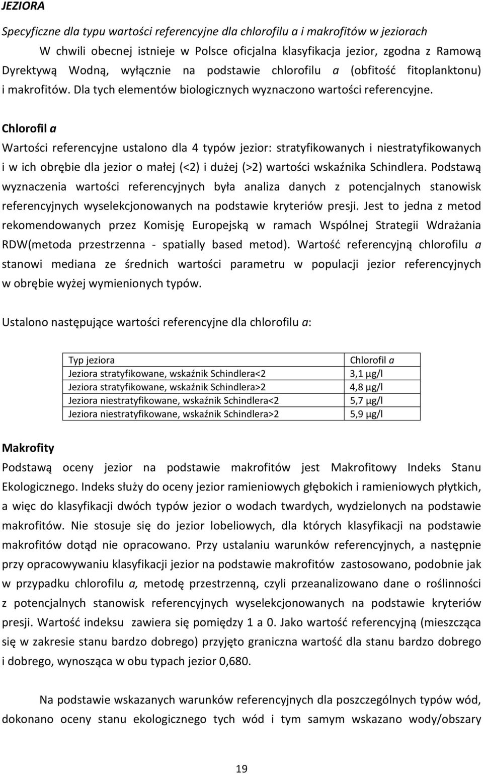 Chlorofil a Wartości referencyjne ustalono dla 4 typów jezior: stratyfikowanych i niestratyfikowanych i w ich obrębie dla jezior o małej (<2) i dużej (>2) wartości wskaźnika Schindlera.