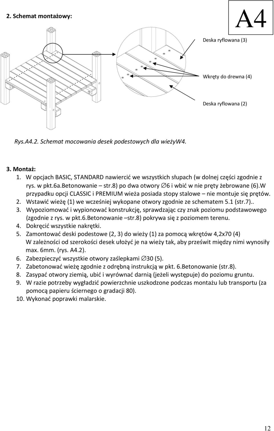 W przypadku opcji CLASSIC i PREMIUM wieża posiada stopy stalowe nie montuje się prętów. 2. Wstawić wieżę (1) we wcześniej wykopane otwory zgodnie ze schematem 5.1 (str.7).. 3.