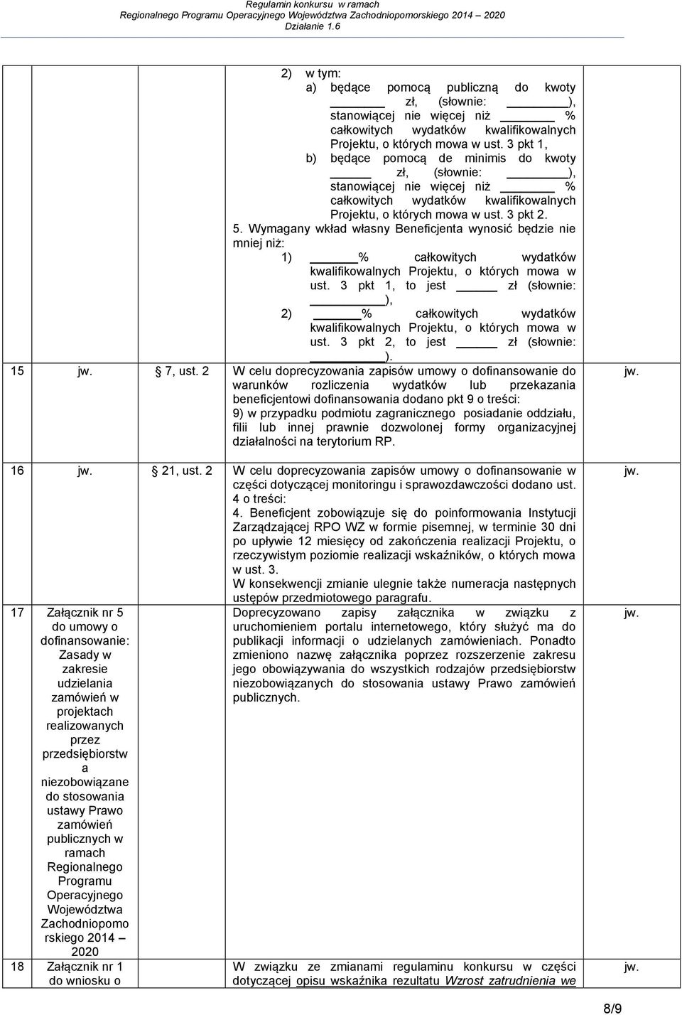 Wymagany wkład własny Beneficjenta wynosić będzie nie mniej niż: 1) % całkowitych wydatków kwalifikowalnych Projektu, o których mowa w ust.