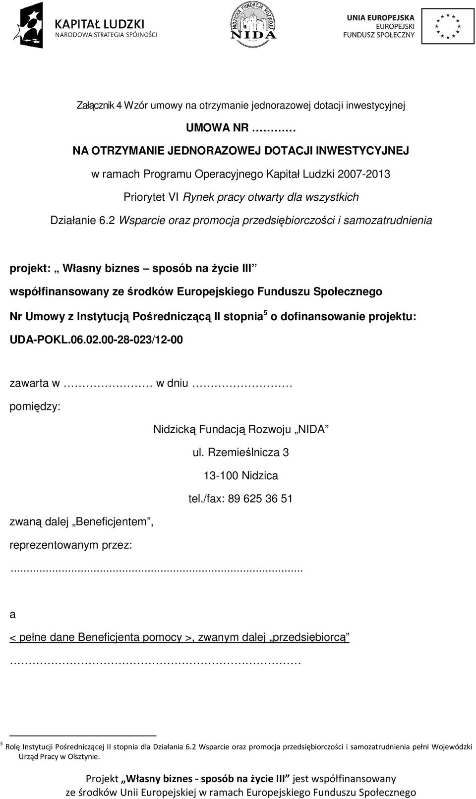 2 Wsparcie oraz promocja przedsiębiorczości i samozatrudnienia projekt: Własny biznes sposób na życie III współfinansowany ze środków Europejskiego Funduszu Społecznego Nr Umowy z Instytucją