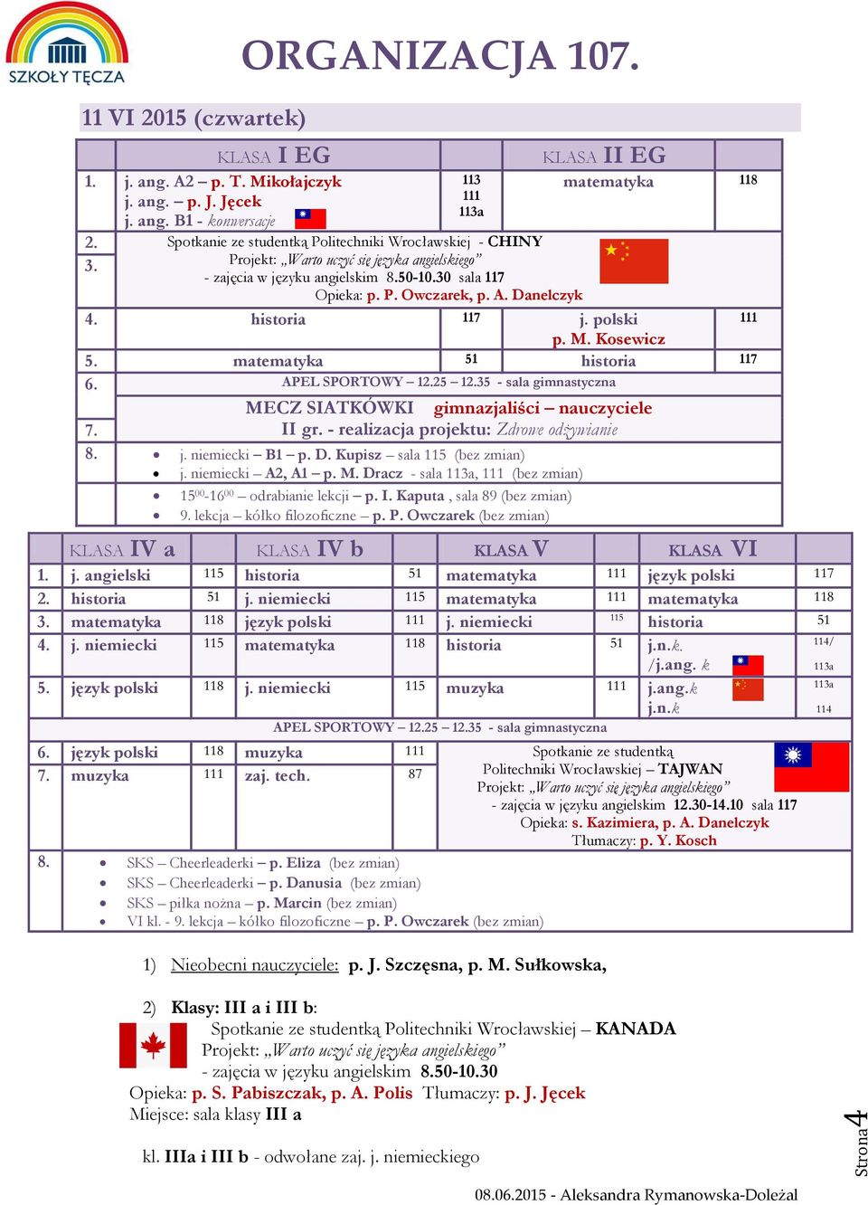 matematyka 51 historia 117 6. APEL SPORTOWY 12.25 12.35 - sala gimnastyczna MECZ SIATKÓWKI gimnazjaliści nauczyciele 7. II gr. - realizacja projektu: Zdrowe odżywianie 8. j. niemiecki B1 p. D.