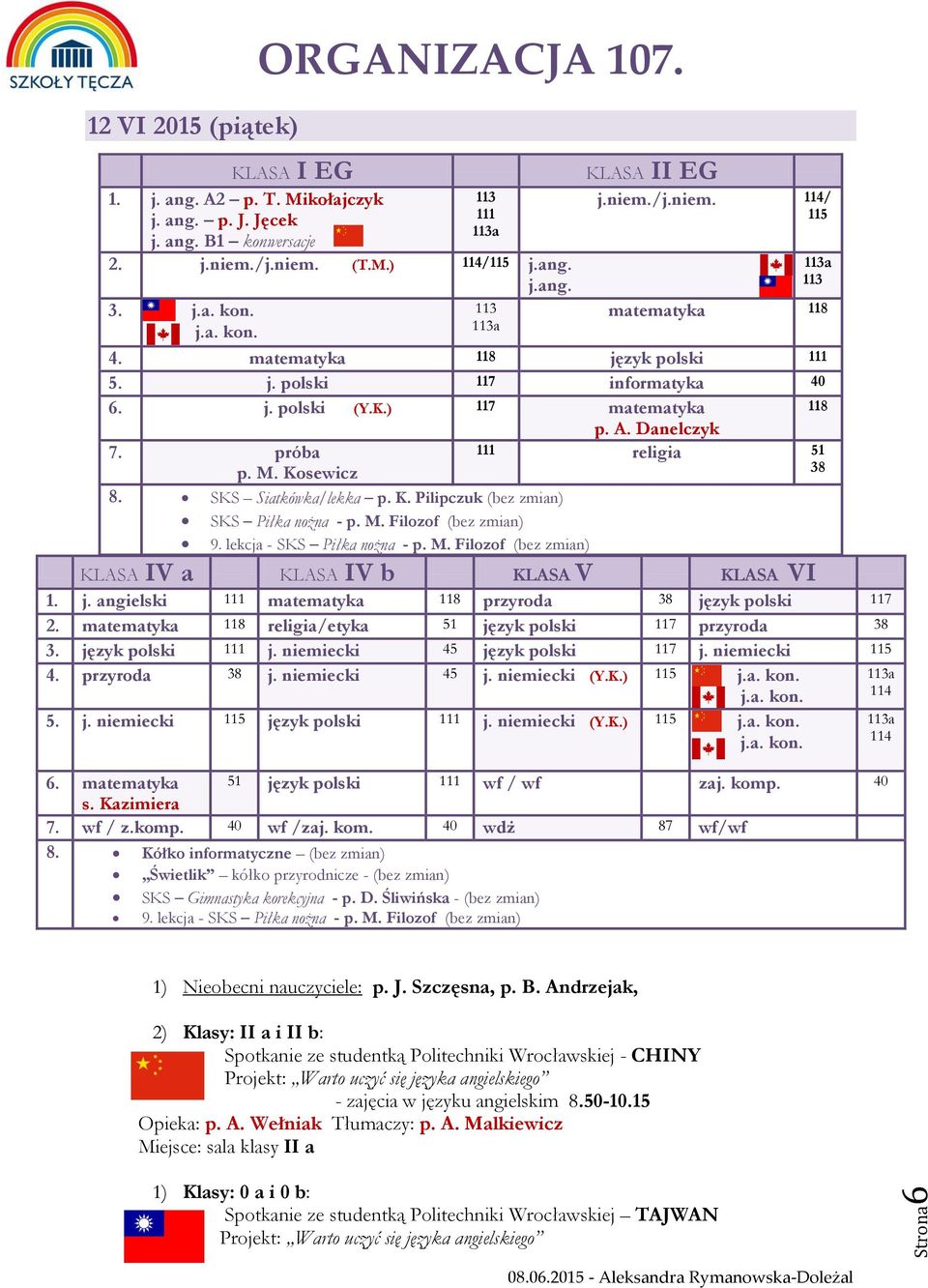 M. Filozof (bez zmian) 9. lekcja - SKS Piłka nożna - p. M. Filozof (bez zmian) religia 51 38 1. j. angielski matematyka 118 przyroda 38 język polski 117 2.