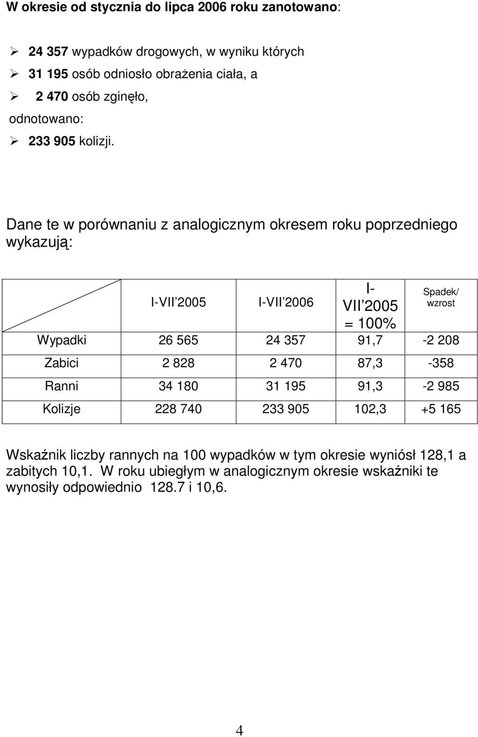 Dane te w porównaniu z analogicznym okresem roku poprzedniego wykazują: I- I-VII 2006 I- = 100% Spadek/ wzrost Wypadki 26 565 24 357 91,7-2 208