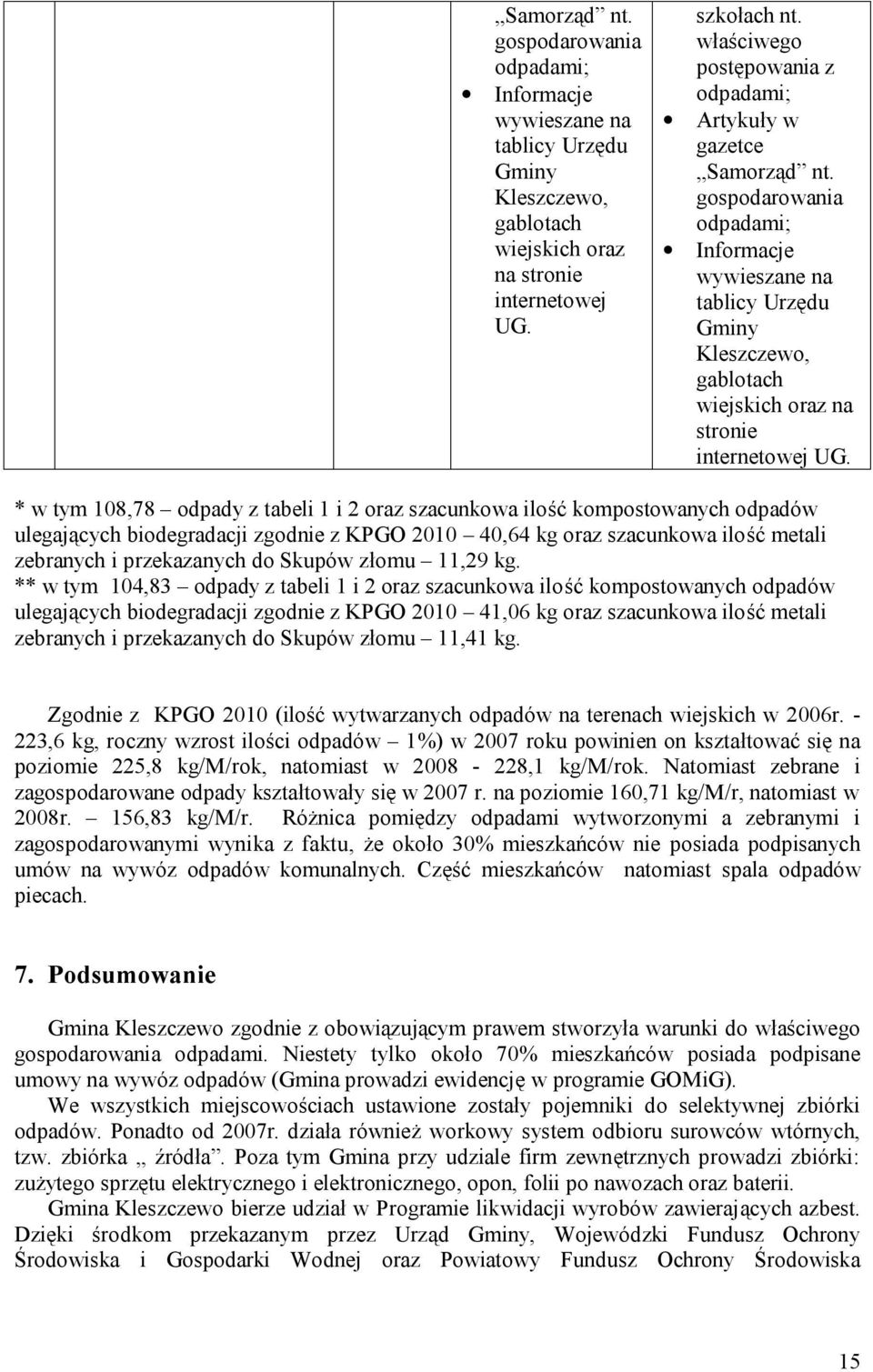* w tym 108,78 odpady z tabeli 1 i 2 oraz szacunkowa ilość kompostowanych odpadów ulegających biodegradacji zgodnie z KPGO 2010 40,64 kg oraz szacunkowa ilość metali zebranych i przekazanych do