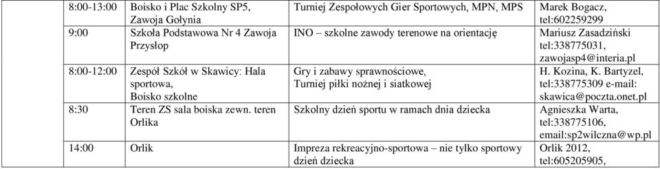 teren Orlika Turniej Zespołowych Gier Sportowych, MPN, MPS INO szkolne zawody terenowe na orientację Gry i zabawy