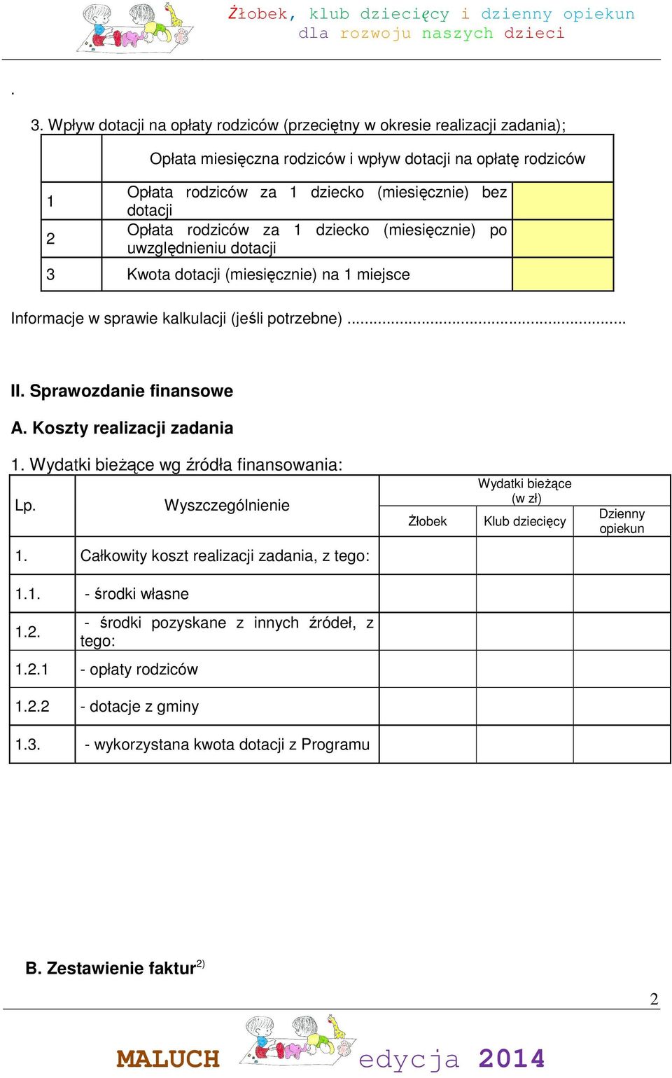 Sprawozdanie finansowe A. Koszty realizacji zadania 1. Wydatki bieŝące wg źródła finansowania: Lp. Wyszczególnienie śłobek Wydatki bieŝące (w zł) Klub dziecięcy Dzienny opiekun 1.