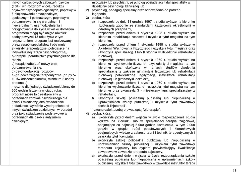 zespół specjalistów i obejmuje: a) wizyty terapeutyczne, polegające na indywidualnej terapii psychologicznej, b) terapię i poradnictwo psychologiczne dla rodzin, c) terapię zaburzeń mowy oraz