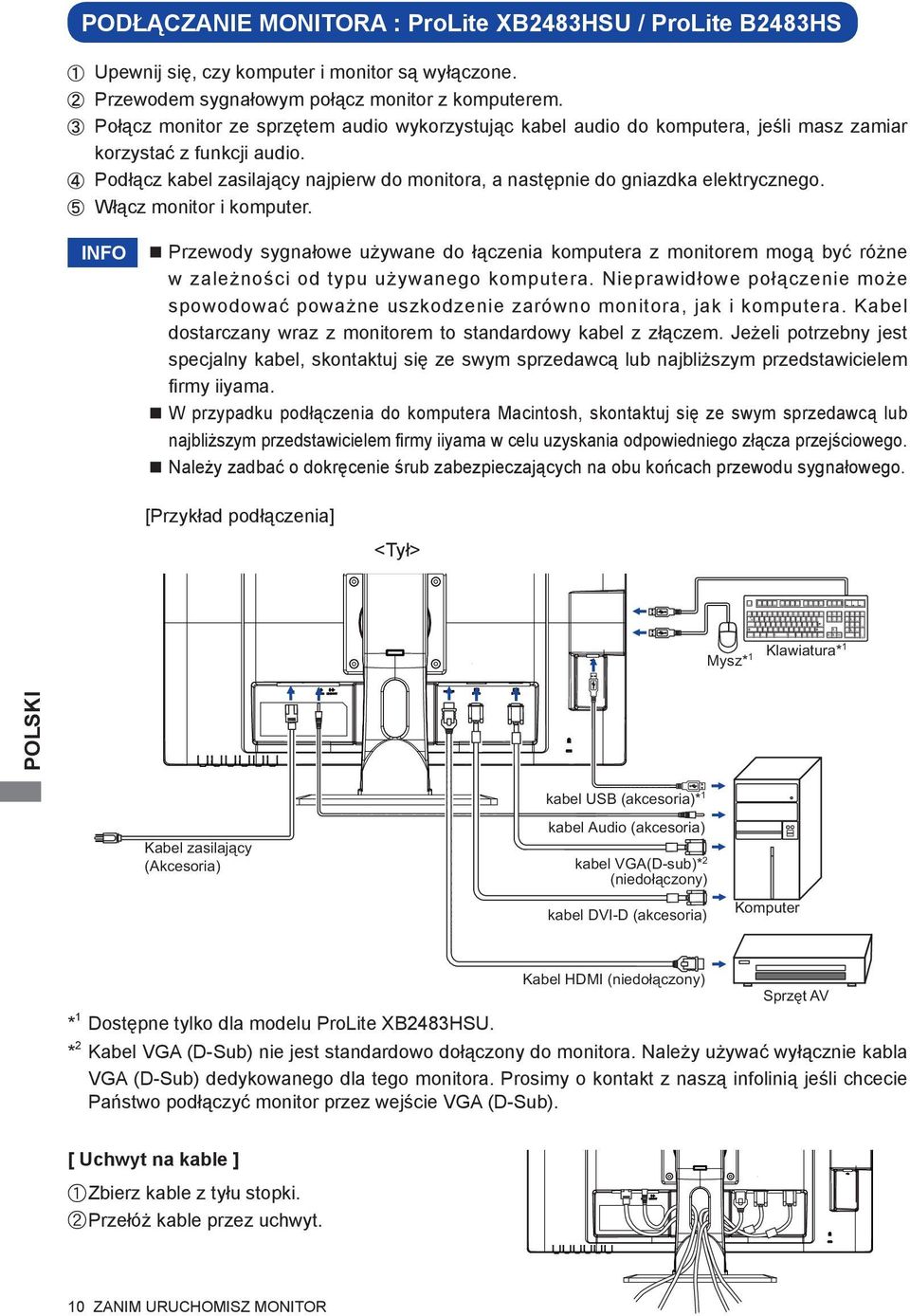 Podłącz kabel zasilający najpierw do monitora, a następnie do gniazdka elektrycznego. Włącz monitor i komputer.