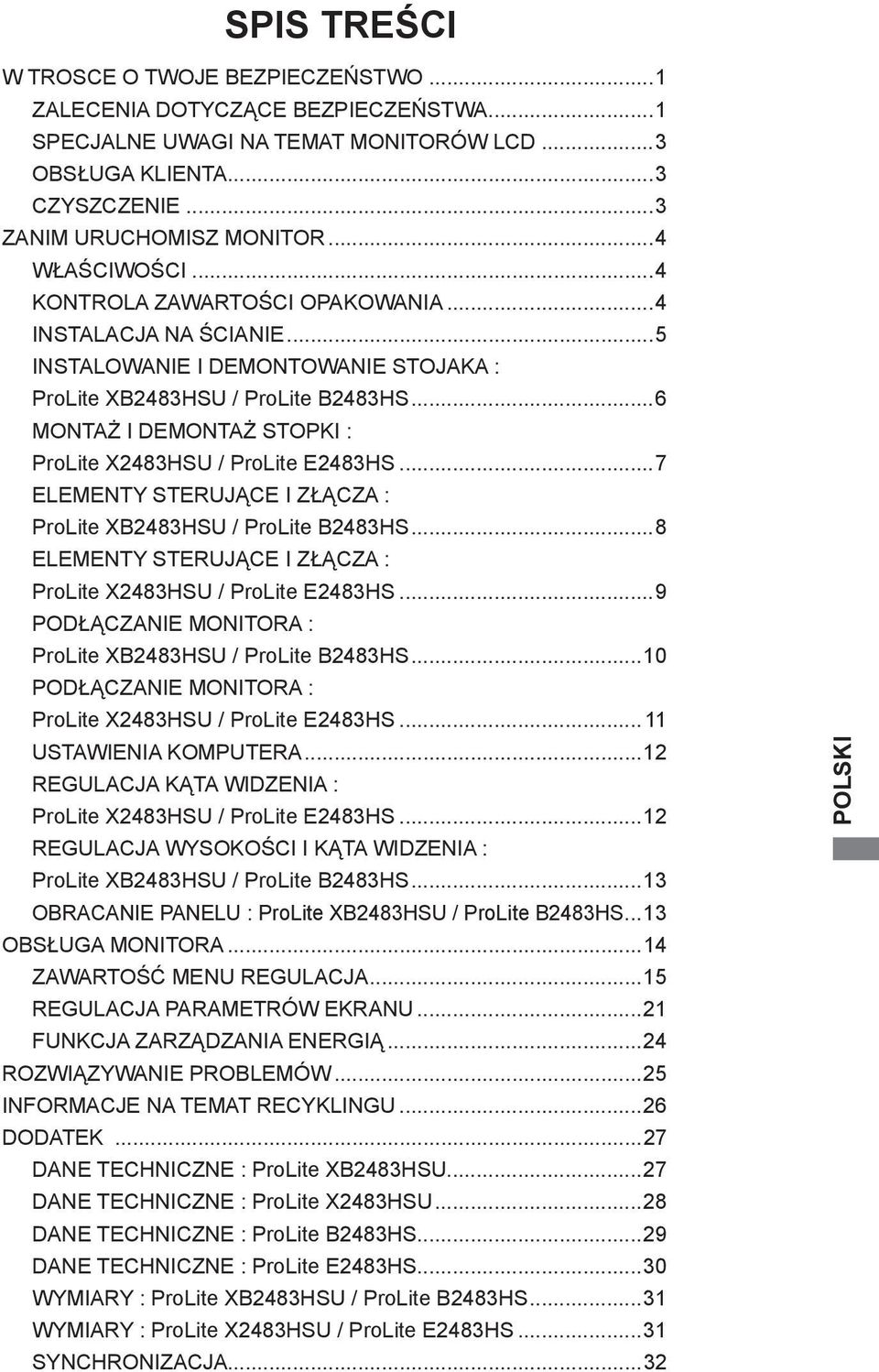 ..6 MONTAŻ I DEMONTAŻ STOPKI : ProLite X2483HSU / ProLite E2483HS...7 ELEMENTY STERUJĄCE I ZŁĄCZA : ProLite XB2483HSU / ProLite B2483HS.