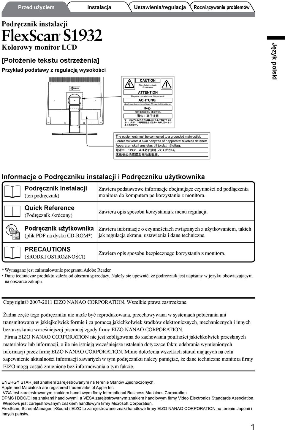 Quick Reference (Podręcznik skrócony) Podręcznik użytkownika (plik PDF na dysku CD-ROM*) PRECAUTIONS (ŚRODKI OSTROŻNOŚCI) Zawiera opis sposobu korzystania z menu regulacji.