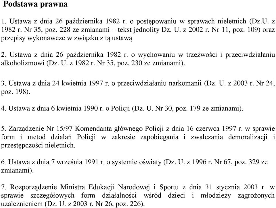 3. Ustawa z dnia 24 kwietnia 1997 r. o przeciwdziałaniu narkomanii (Dz. U. z 2003 r. Nr 24, poz. 198). 4. Ustawa z dnia 6 kwietnia 1990 r. o Policji (Dz. U. Nr 30, poz. 179 ze zmianami). 5.