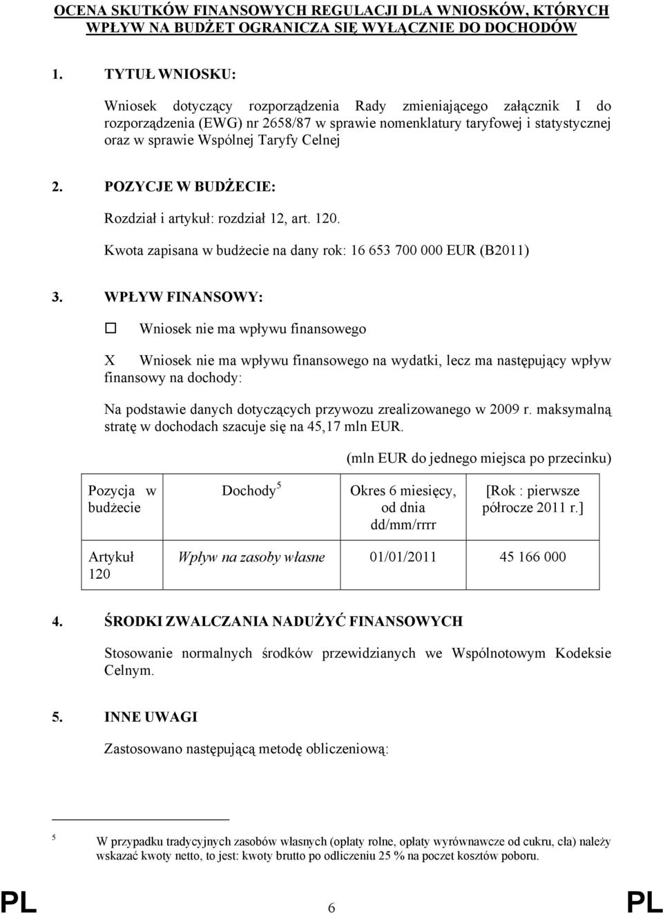 Celnej 2. POZYCJE W BUDŻECIE: Rozdział i artykuł: rozdział 12, art. 120. Kwota zapisana w budżecie na dany rok: 16 653 700 000 EUR (B2011) 3.