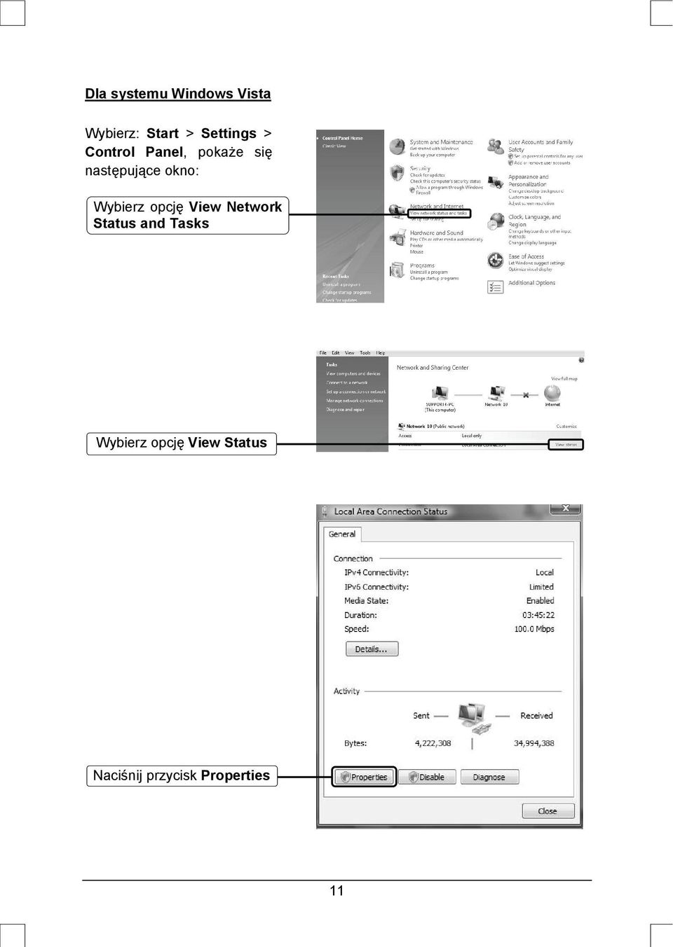 okno: Wybierz opcję View Network Status and Tasks