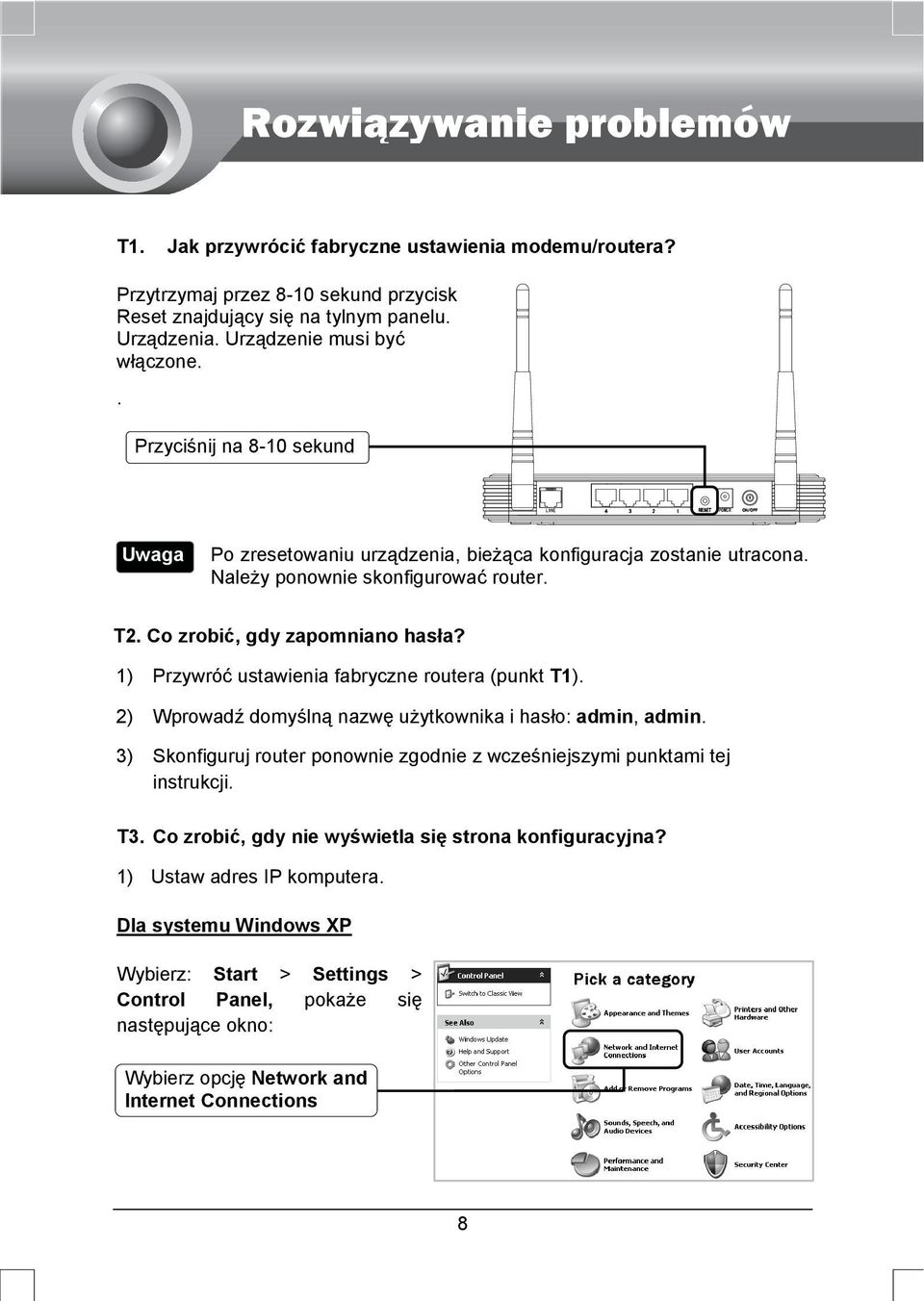 1) Przywróć ustawienia fabryczne routera (punkt T1). 2) Wprowadź domyślną nazwę użytkownika i hasło: admin, admin. 3) Skonfiguruj router ponownie zgodnie z wcześniejszymi punktami tej instrukcji. T3.