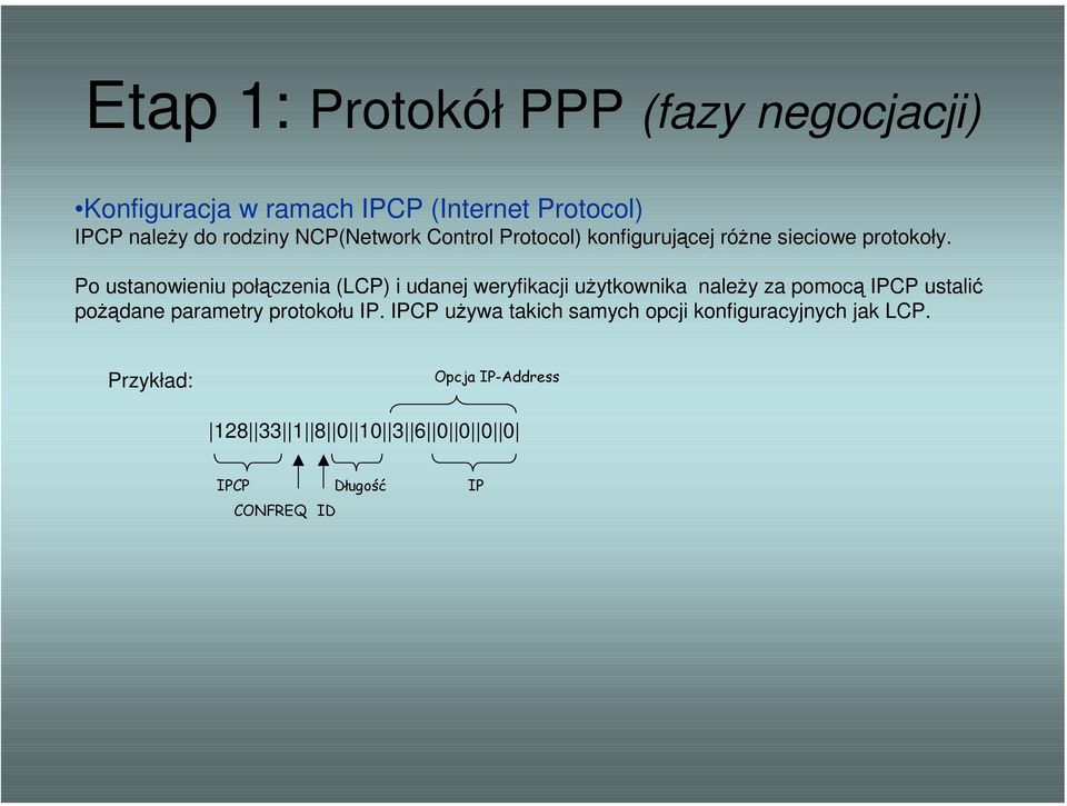 Po ustanowieniu połączenia (LCP) i udanej weryfikacji użytkownika należy za pomocą IPCP ustalić pożądane