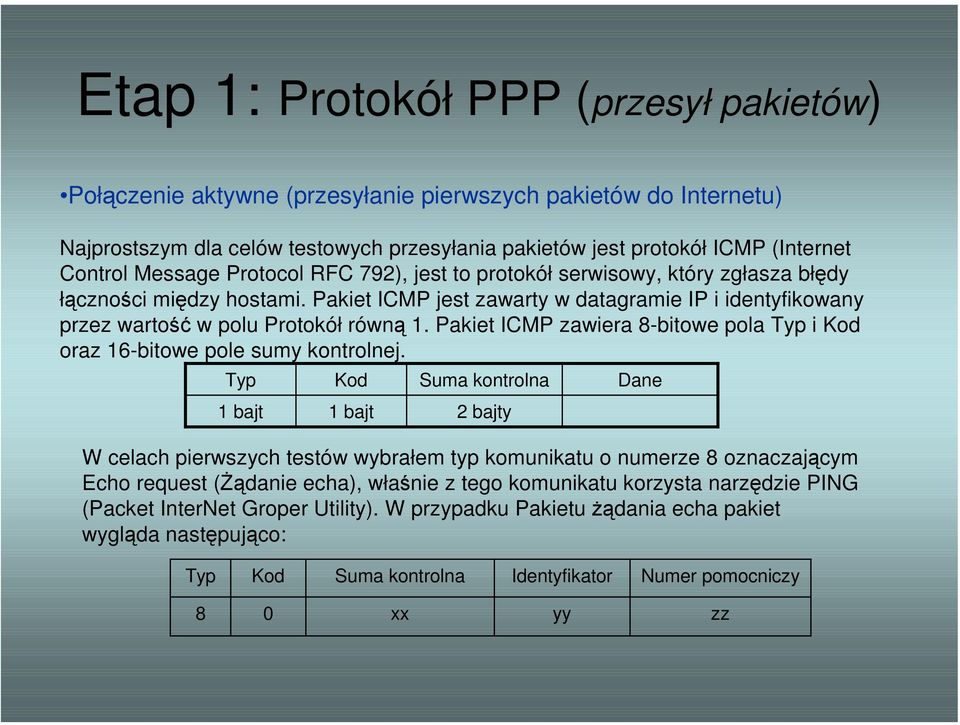 Pakiet ICMP zawiera 8-bitowe pola Typ i Kod oraz 16-bitowe pole sumy kontrolnej.