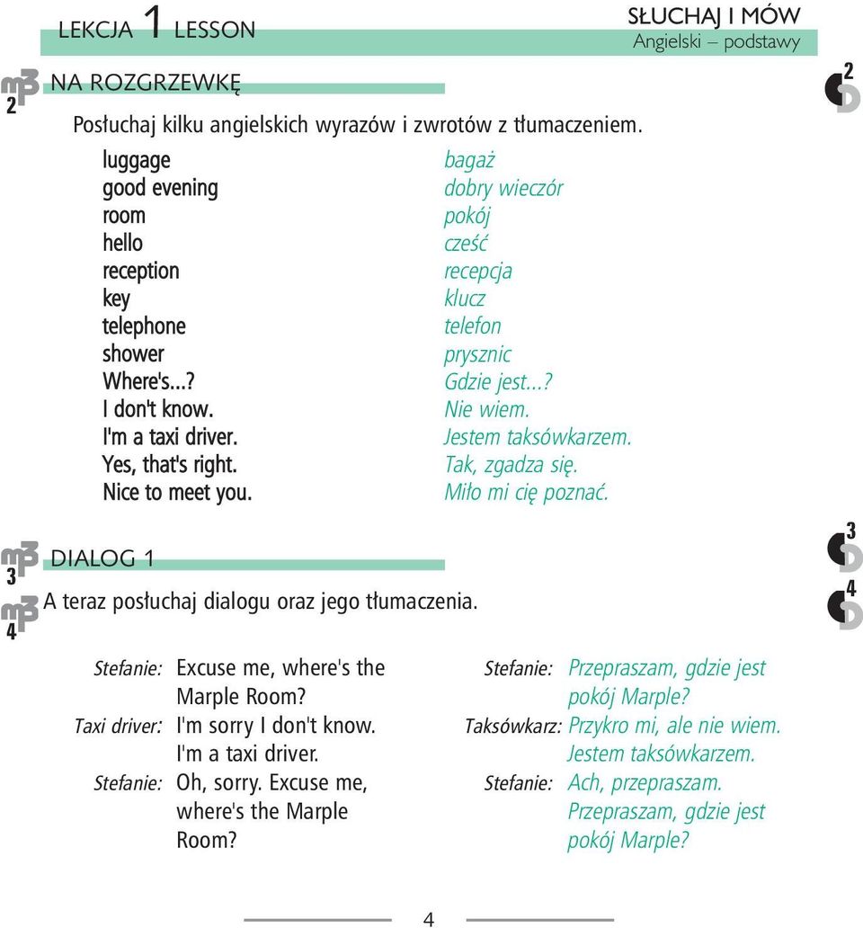 I'm a taxi driver. Stefanie: Oh, sorry. Excuse me, where's the Marple Room? baga dobry wieczór pokój czeœæ recepcja klucz telefon prysznic Gdzie jest...? Nie wiem. Jestem taksówkarzem.