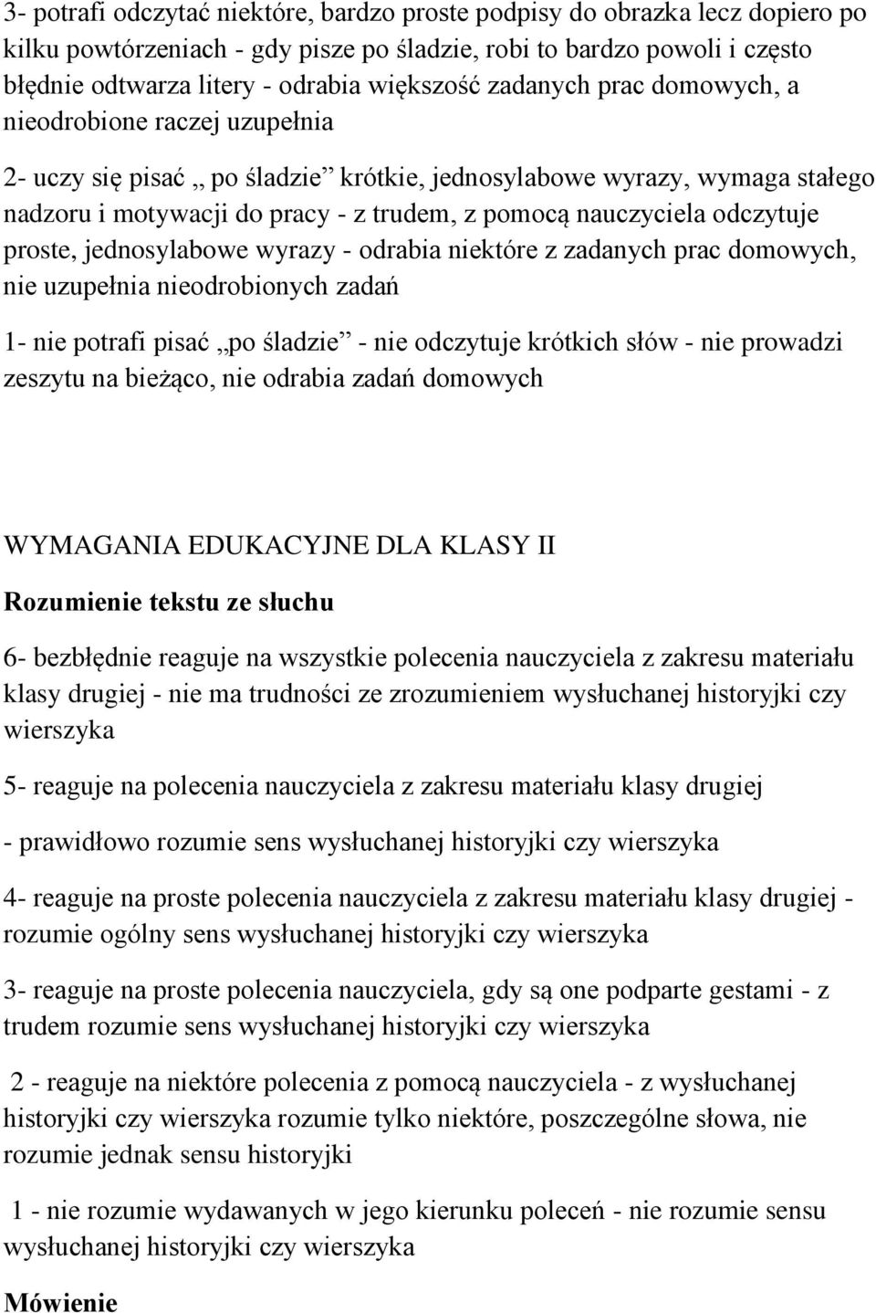 odczytuje proste, jednosylabowe wyrazy - odrabia niektóre z zadanych prac domowych, nie uzupełnia nieodrobionych zadań 1- nie potrafi pisać po śladzie - nie odczytuje krótkich słów - nie prowadzi