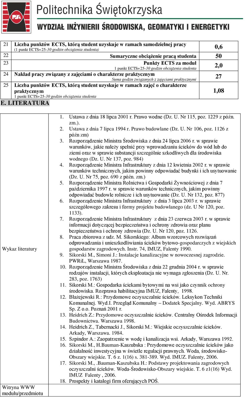 uzyskuje w ramach zajęć o charakterze praktycznym 1 punkt ECTS=25-30 godzin obciążenia studenta E. LITERATURA 1,08 ykaz literatury itryna modułu/przedmiotu 1. Ustawa z dnia 18 lipca 2001 r.