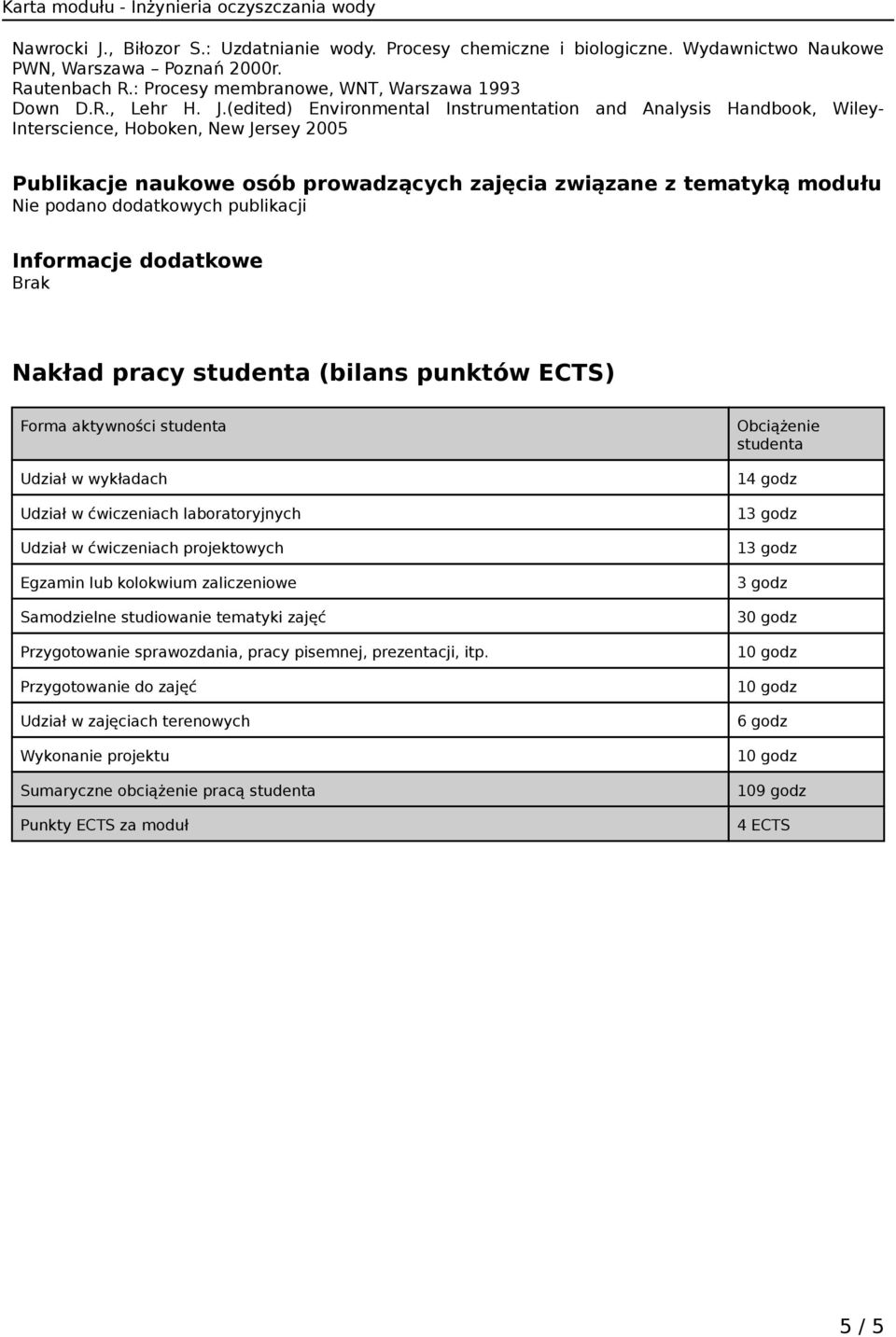 (edited) Environmental Instrumentation and Analysis Handbook, Wiley- Interscience, Hoboken, New Jersey 2005 Publikacje naukowe osób prowadzących zajęcia związane z tematyką modułu Nie podano