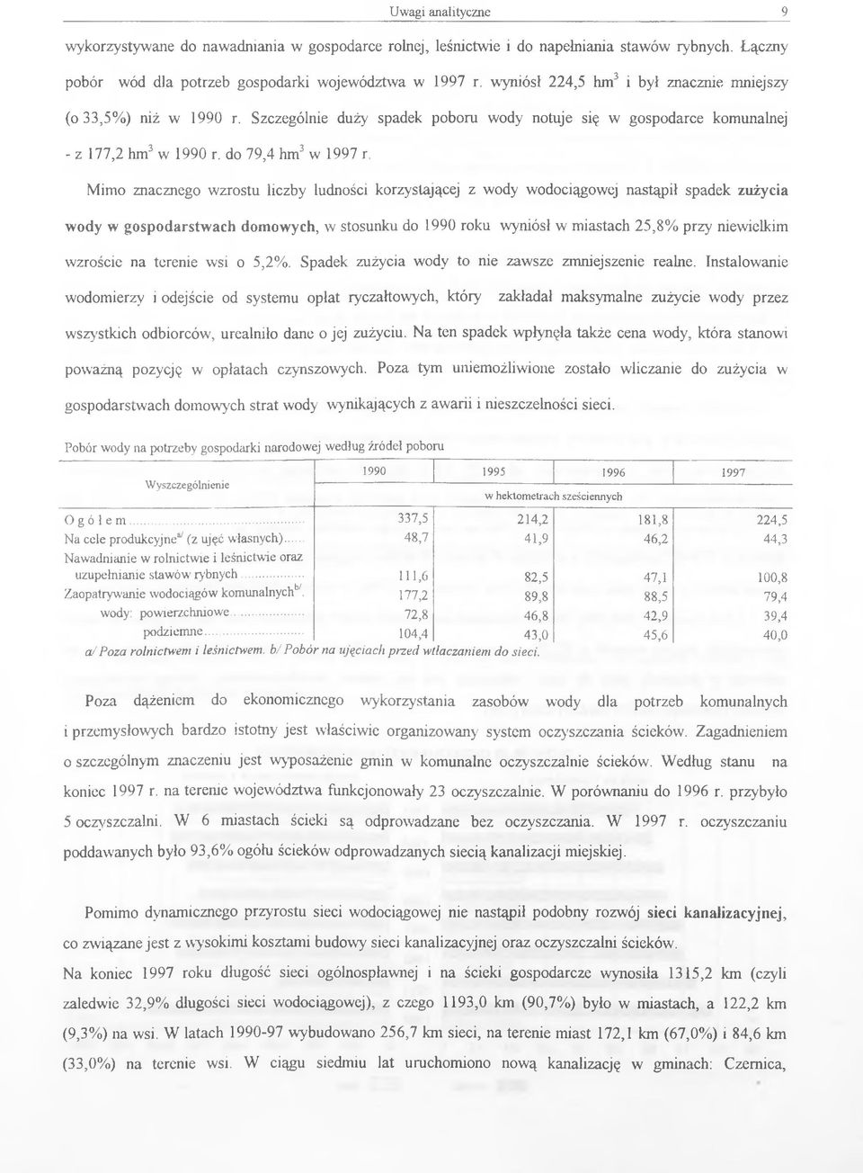 Mimo znacznego wzrostu liczby ludności korzystającej z wody wodociągowej nastąpił spadek zużycia wody w gospodarstwach domowych, w stosunku do 1990 roku wyniósł w miastach 25,8% przy niewielkim