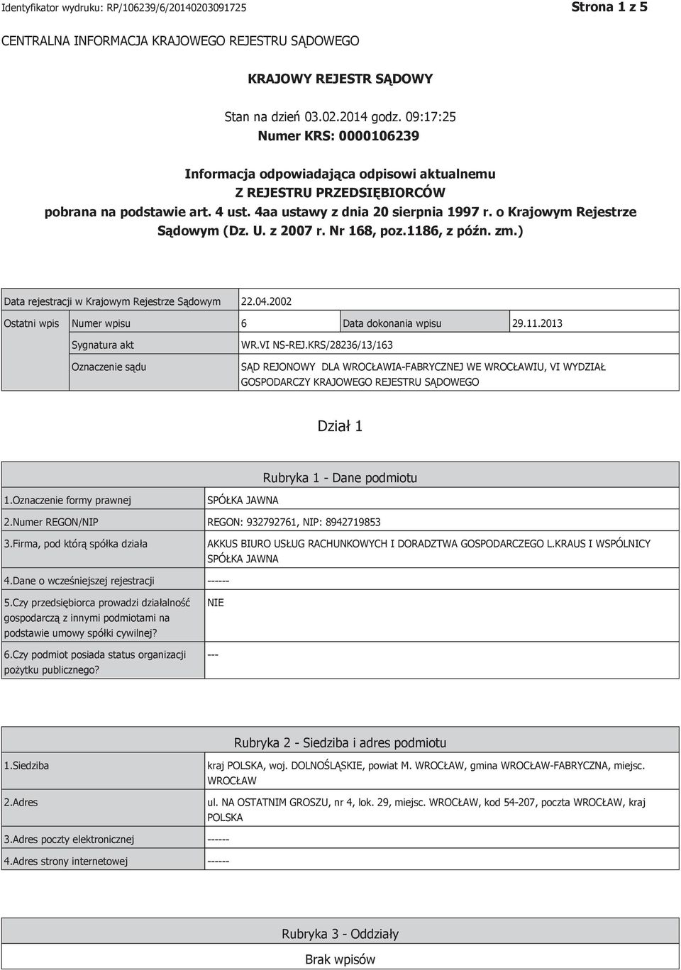 o Krajowym Rejestrze Sądowym (Dz. U. z 2007 r. Nr 168, poz.1186, z późn. zm.) Data rejestracji w Krajowym Rejestrze Sądowym 22.04.2002 Ostatni wpis Numer wpisu 6 Data dokonania wpisu 29.11.2013 Sygnatura akt Oznaczenie sądu WR.