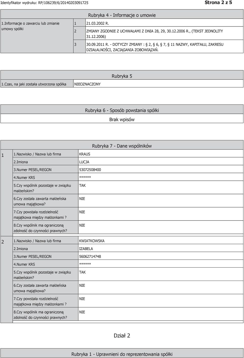 Czas, na jaki została utworzona spółka OZNACZONY Rubryka 6 - Sposób powstania spółki 1 1.Nazwisko / Nazwa lub firma KRAUS Rubryka 7 - Dane wspólników LUCJA 3.Numer PESEL/REGON 53072508400 4.