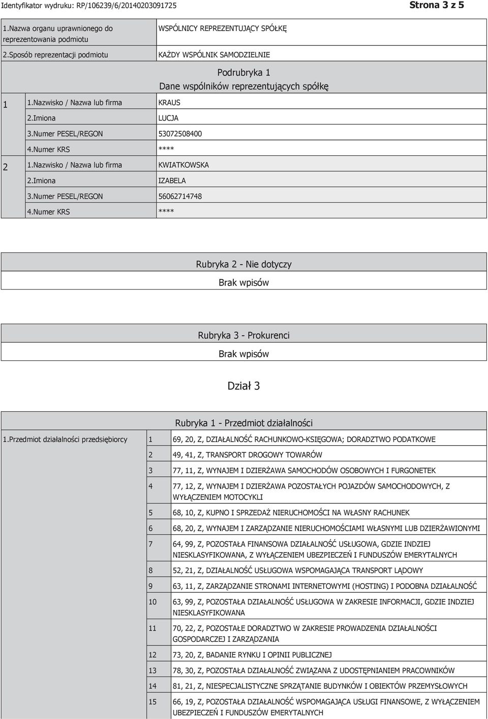 Numer PESEL/REGON 56062714748 4.Numer KRS **** Rubryka 2 - Nie dotyczy Rubryka 3 - Prokurenci Dział 3 Rubryka 1 - Przedmiot działalności 1.