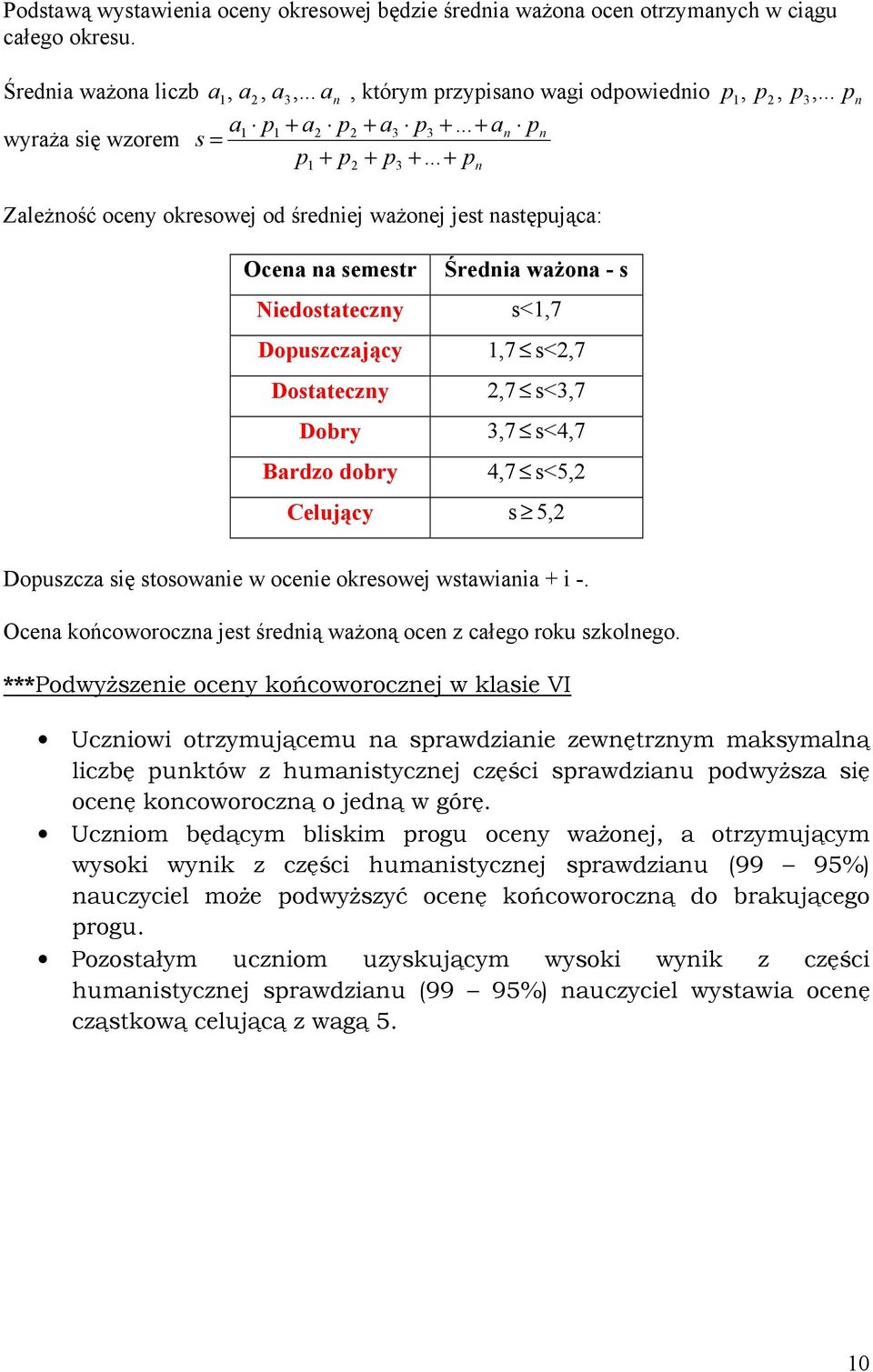 .. + p 3 n n p ZaleŜność oceny okresowej od średniej waŝonej jest następująca: Ocena na semestr Niedostateczny Dopuszczający Dostateczny Dobry Bardzo dobry Średnia waŝona - s n s<1,7 1,7 s<2,7 2,7