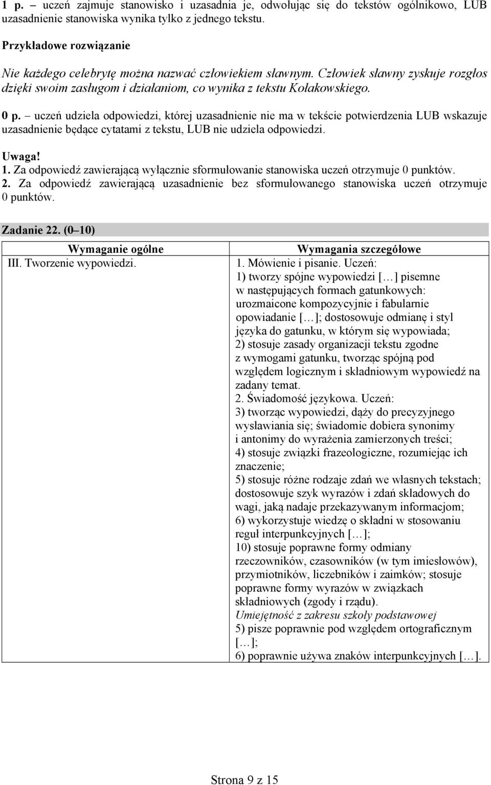 uczeń udziela odpowiedzi, której uzasadnienie nie ma w tekście potwierdzenia LUB wskazuje uzasadnienie będące cytatami z tekstu, LUB nie udziela odpowiedzi. Uwaga! 1.