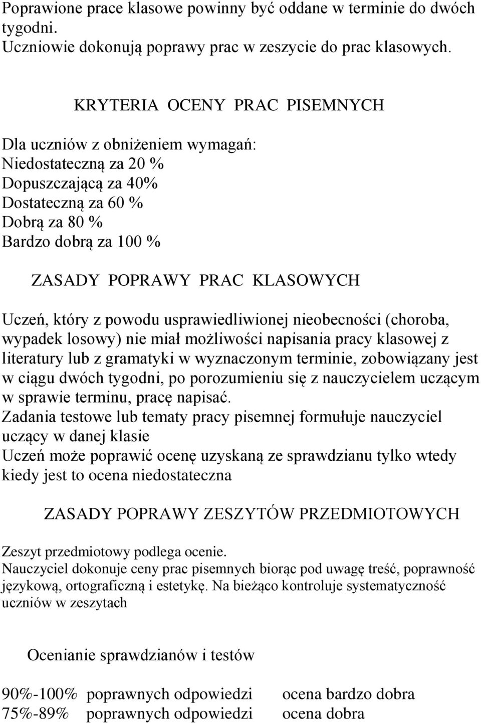 Uczeń, który z powodu usprawiedliwionej nieobecności (choroba, wypadek losowy) nie miał możliwości napisania pracy klasowej z literatury lub z gramatyki w wyznaczonym terminie, zobowiązany jest w