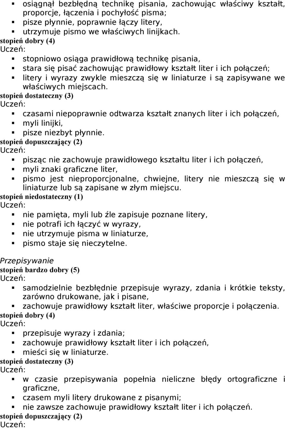 miejscach. czasami niepoprawnie odtwarza kształt znanych liter i ich połączeń, myli linijki, pisze niezbyt płynnie.