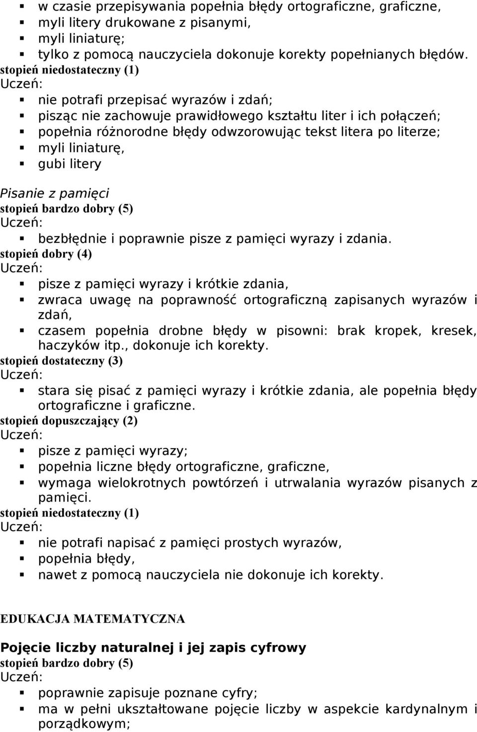 Pisanie z pamięci bezbłędnie i poprawnie pisze z pamięci wyrazy i zdania.