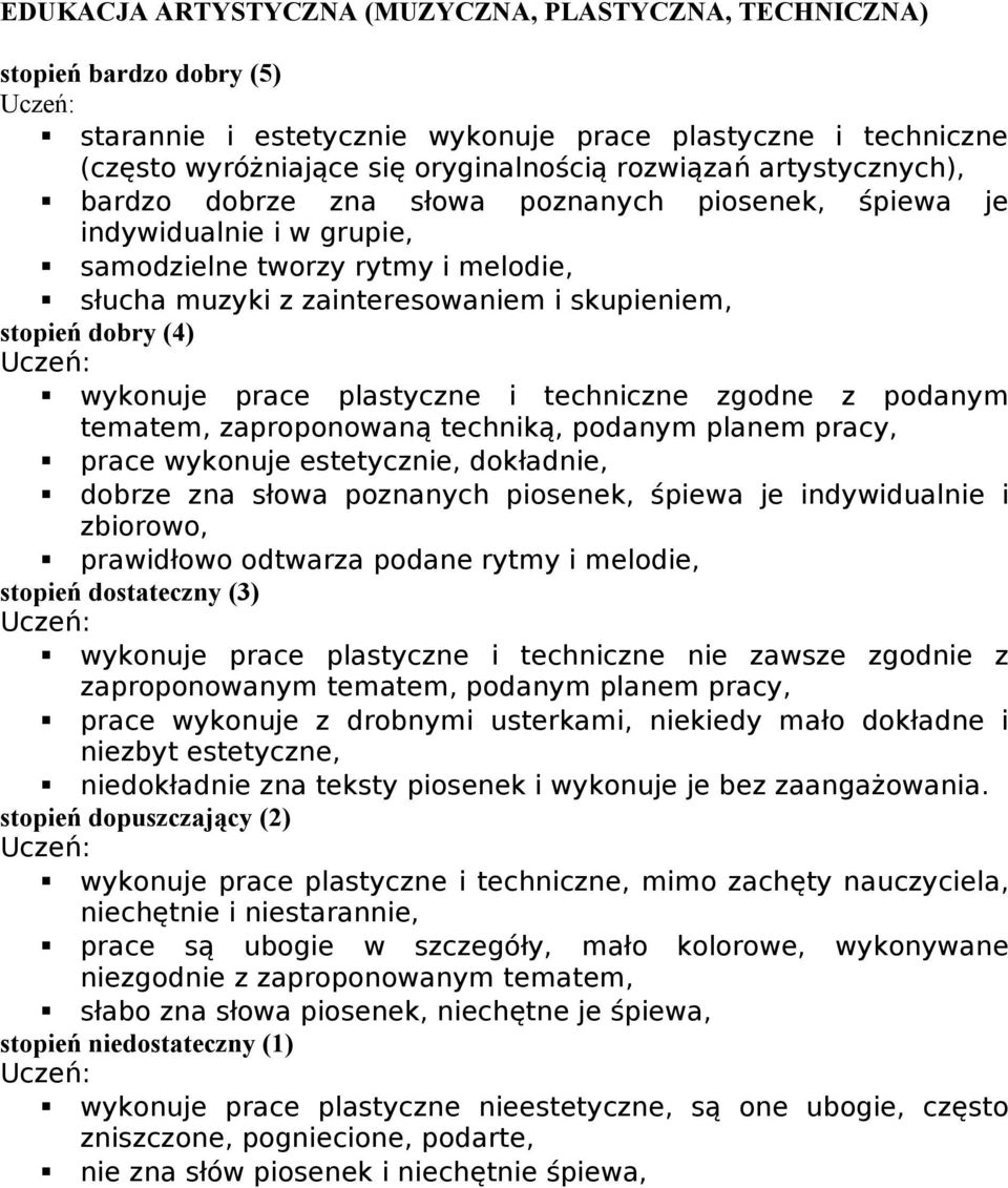 podanym tematem, zaproponowaną techniką, podanym planem pracy, prace wykonuje estetycznie, dokładnie, dobrze zna słowa poznanych piosenek, śpiewa je indywidualnie i zbiorowo, prawidłowo odtwarza