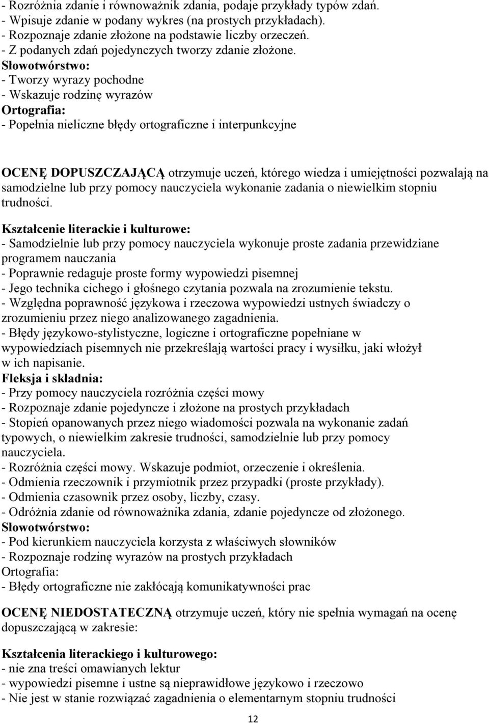 - Tworzy wyrazy pochodne - Wskazuje rodzinę wyrazów - Popełnia nieliczne błędy ortograficzne i interpunkcyjne OCENĘ DOPUSZCZAJĄCĄ otrzymuje uczeń, którego wiedza i umiejętności pozwalają na