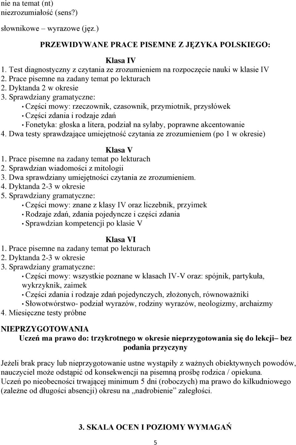 Sprawdziany gramatyczne: Części mowy: rzeczownik, czasownik, przymiotnik, przysłówek Części zdania i rodzaje zdań Fonetyka: głoska a litera, podział na sylaby, poprawne akcentowanie 4.