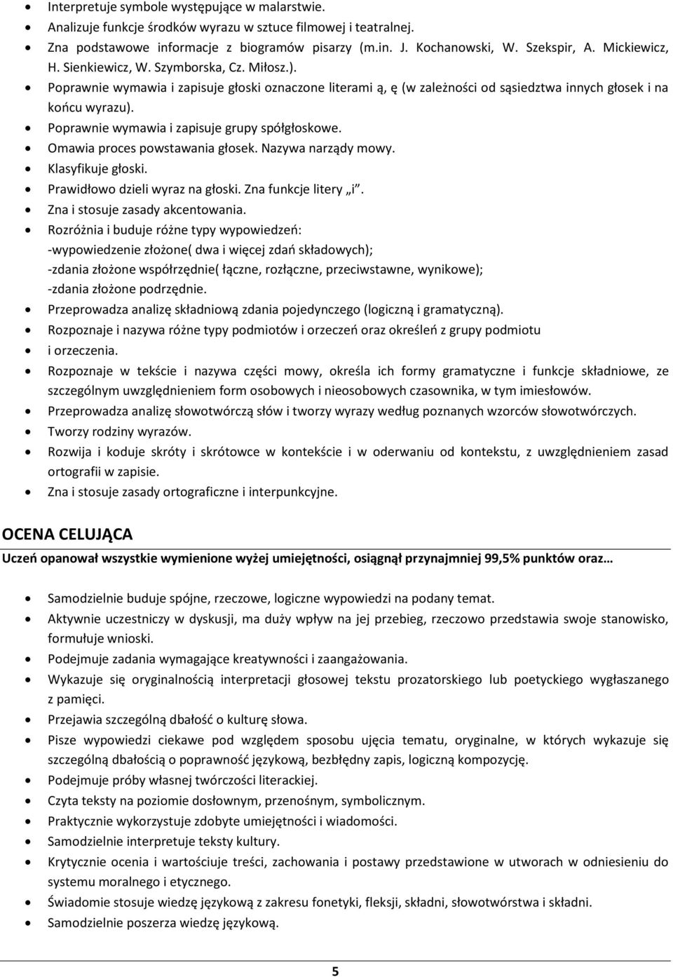 Poprawnie wymawia i zapisuje grupy spółgłoskowe. Omawia proces powstawania głosek. Nazywa narządy mowy. Klasyfikuje głoski. Zna i stosuje zasady akcentowania.