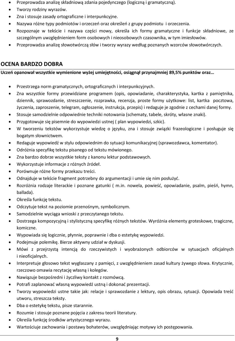 Rozpoznaje w tekście i nazywa części mowy, określa ich formy gramatyczne i funkcje składniowe, ze szczególnym uwzględnieniem form osobowych i nieosobowych czasownika, w tym imiesłowów.