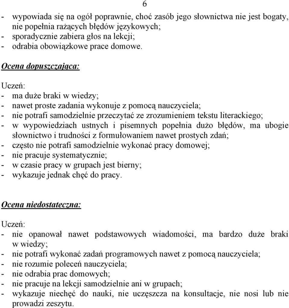 ustnych i pisemnych popełnia dużo błędów, ma ubogie słownictwo i trudności z formułowaniem nawet prostych zdań; - często nie potrafi samodzielnie wykonać pracy domowej; - nie pracuje systematycznie;