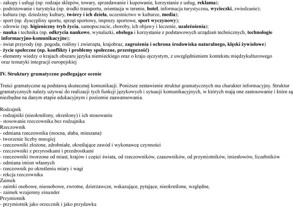 dyscypliny sportu, sprzęt sportowy, imprezy sportowe, sport wyczynowy); - zdrowie (np. higieniczny tryb życia, samopoczucie, choroby, ich objawy i leczenie, uzależnienia); - nauka i technika (np.